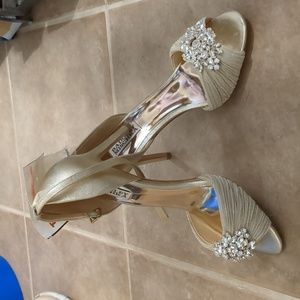 Badgley Mischka Champagne Gold Crystal Sparkly Evening Heels Shoes sz 8.5